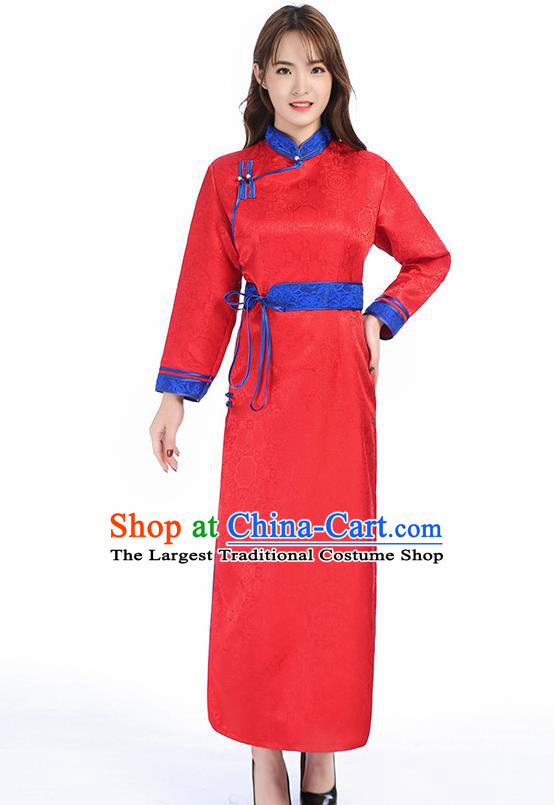 Traditional Chinese Mongol Minority Red Brocade Mongolian Robe Apparels Ethnic Costume Mongolian Nationality Women Garment Dress