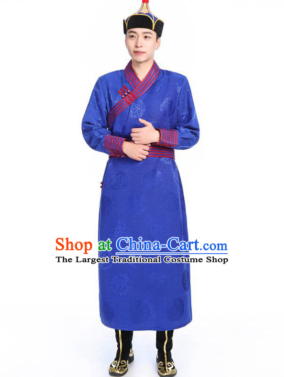 Chinese Traditional Ethnic Royalblue Mongolian Robe Mongolian Men Dance Garment Mongol Minority Stage Performance Costume