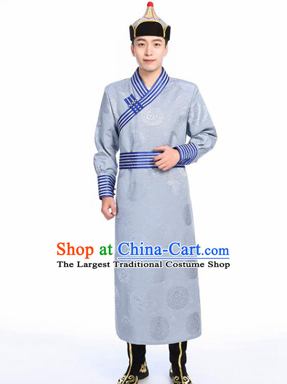 Chinese Traditional Ethnic Grey Mongolian Robe Mongolian Men Dance Garment Mongol Minority Stage Performance Costume