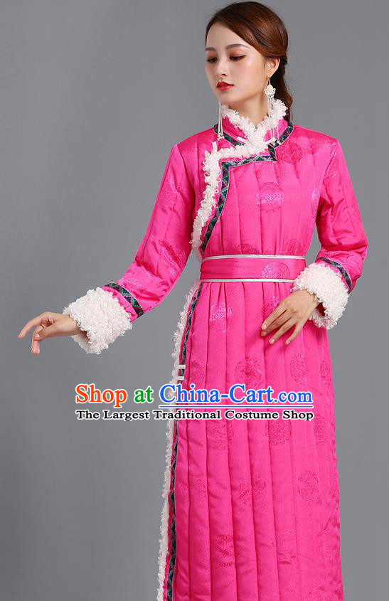 Traditional Chinese Mongol Minority Women Pink Mongolian Robe Apparels Ethnic Costume Mongolian Nationality Winter Garment