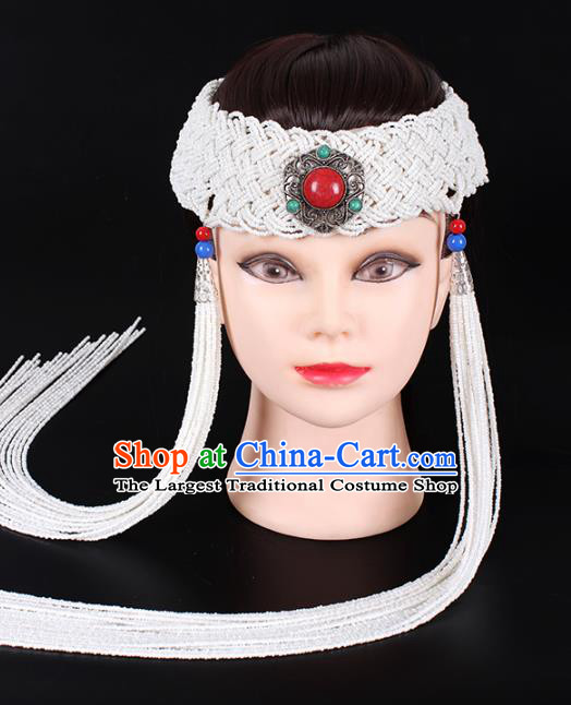 Traditional Chinese Mongol Minority Women Hair Accessories Mongolian Ethnic Dance White Beads Tassel Hair Clasp