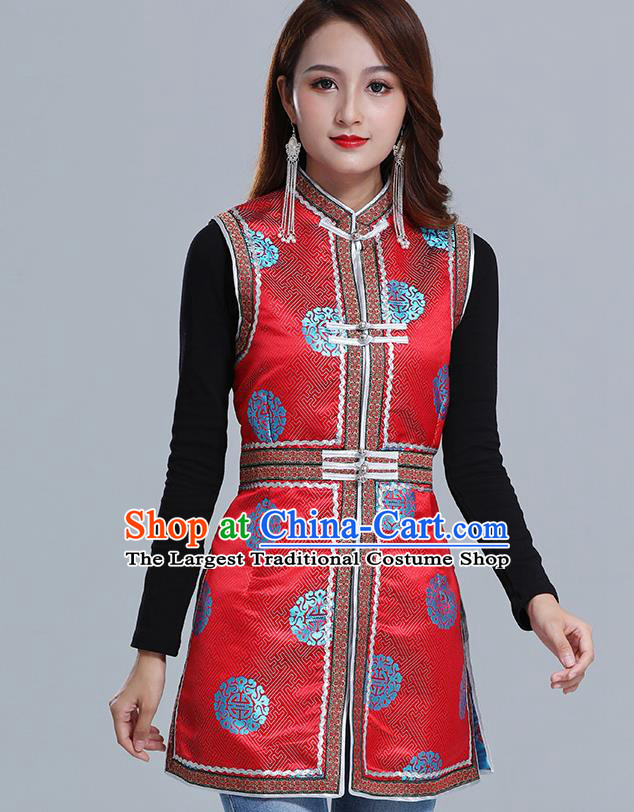 Traditional Chinese Ethnic Women Red Brocade Vest Apparels Mongol Minority Garment Nationality Folk Dance Costume