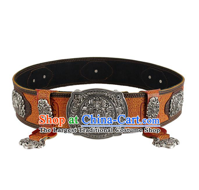 Traditional Chinese Mongol Minority Orange Leather Belt Mongolian Ethnic Folk Dance Waistband for Men