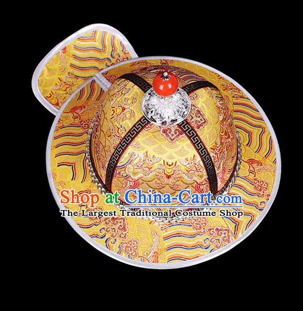 Traditional Chinese Mongol Minority Children Golden Brocade Hat Mongolian Ethnic Dance Performance Headwear for Kids