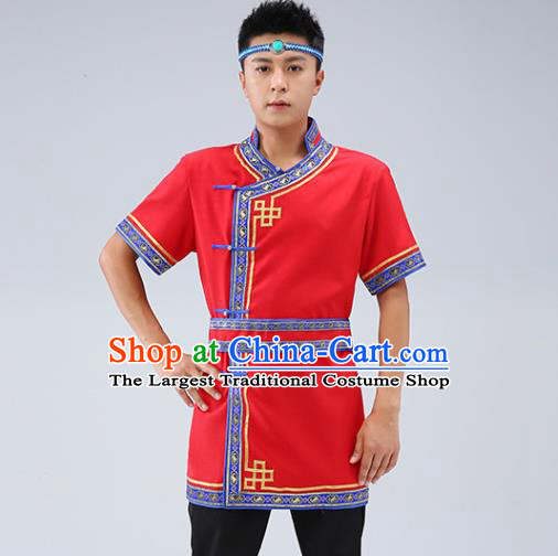 Chinese Traditional Ethnic Red Short Sleeve Shirt Mongolian Dance Upper Outer Garment Mongol Minority Men Costume