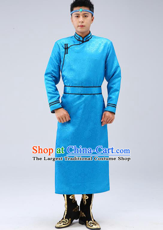 Chinese Traditional Men Blue Brocade Mongolian Robe Ethnic Dance Garment Mongol Minority Wedding Costume