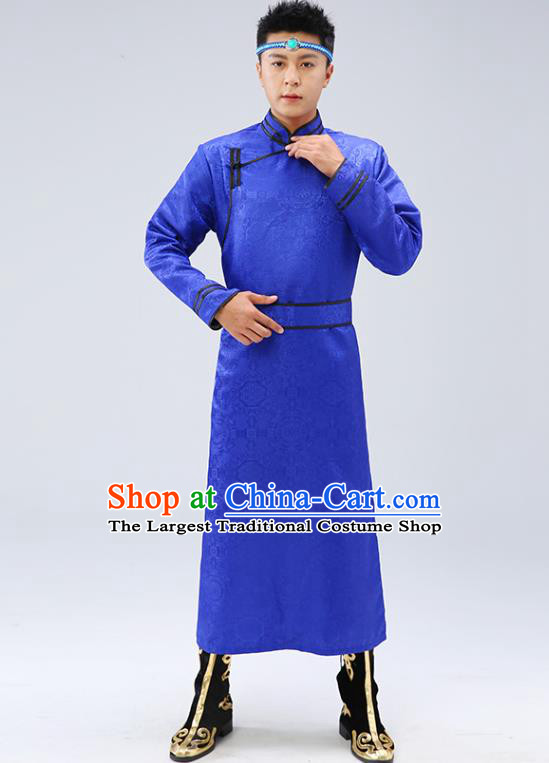 Chinese Traditional Men Royalblue Brocade Mongolian Robe Ethnic Dance Garment Mongol Minority Wedding Costume