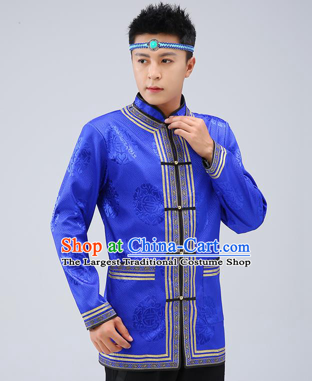 Chinese Traditional Mongolian Men Royalblue Brocade Shirt Mongol Minority Costume Ethnic Dance Upper Outer Garment