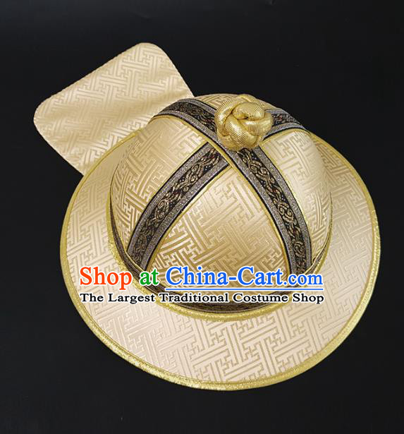 Traditional Chinese Mongol Minority Light Golden Brocade Hat Mongolian Ethnic Royal Highness Headwear for Men