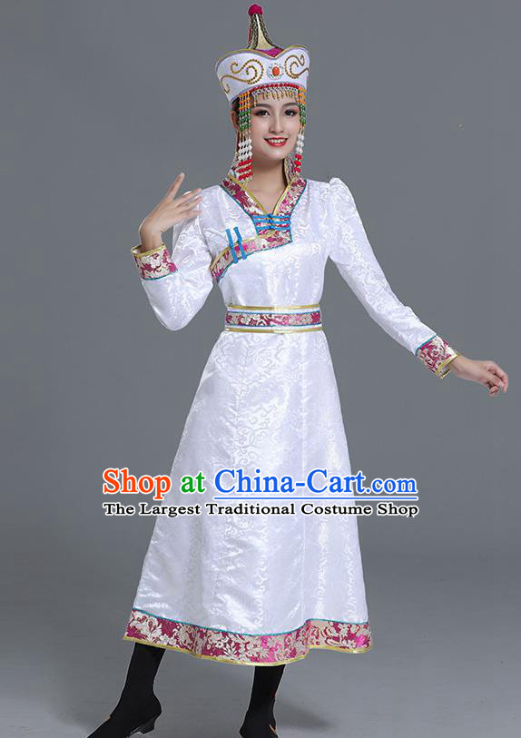 Traditional Chinese Ethnic Women White Brocade Mongolian Robe Dance Apparels Mongol Minority Dress Garment Nationality Costume