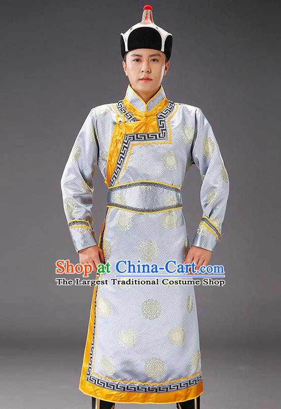 Chinese Traditional Grey Brocade Mongolian Robe Costume Mongol Minority Ethnic Men Garment