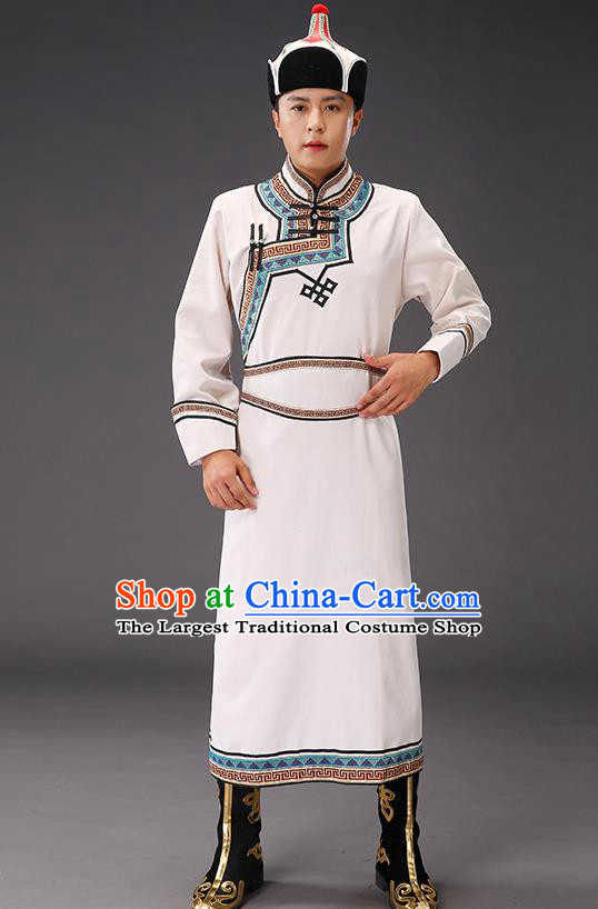 Chinese Traditional Beige Suede Fabric Mongolian Robe Costume Mongol Minority Ethnic Men Stage Performance Garment