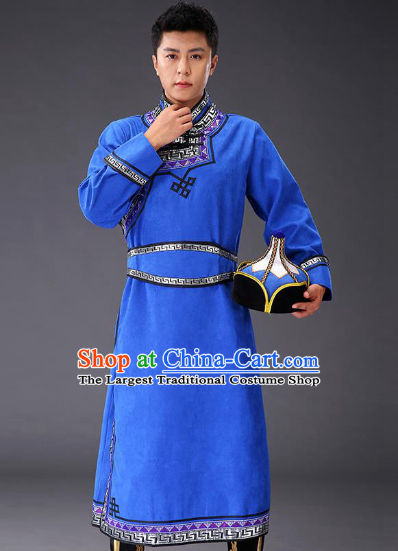 Chinese Traditional Royalblue Suede Fabric Mongolian Robe Costume Mongol Minority Ethnic Men Stage Performance Garment