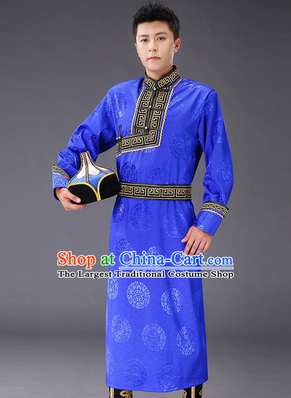 Chinese Traditional Mongol Minority Men Royalblue Mongolian Robe Costume Ethnic Stage Performance Garment