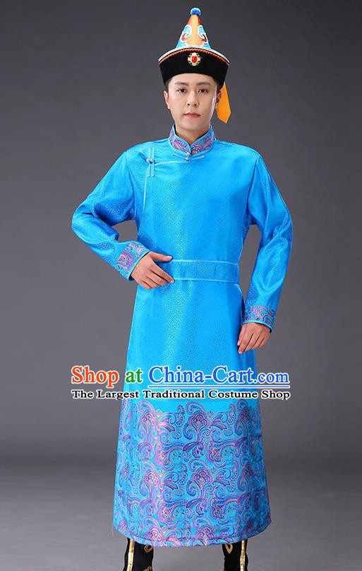 Chinese Traditional Mongol Minority Men Costume Ethnic Stage Performance Garment Blue Brocade Mongolian Robe