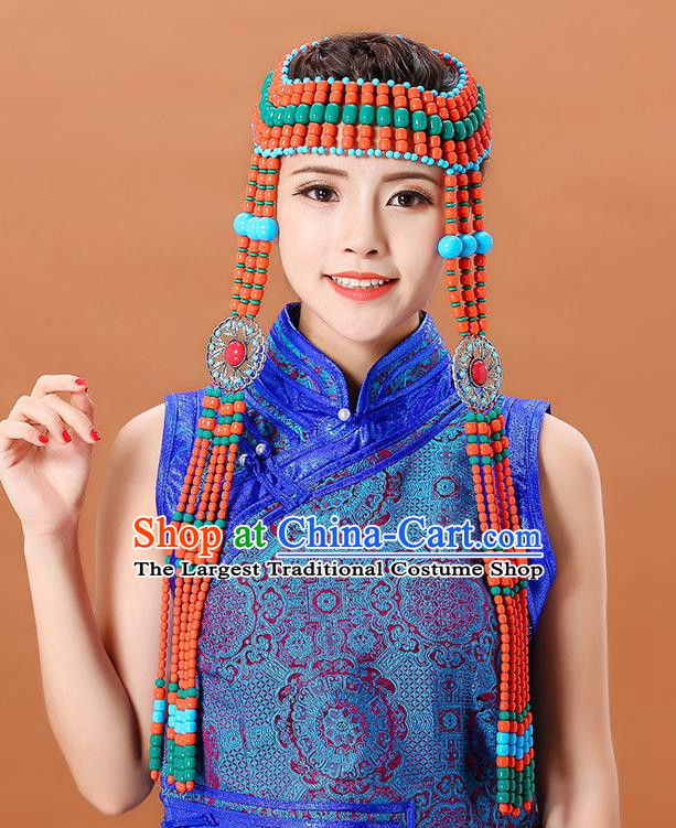 Traditional Chinese Mongol Minority Orange Beads Long Tassel Headband Mongolian Ethnic Women Dance Hair Clasp Hair Accessories