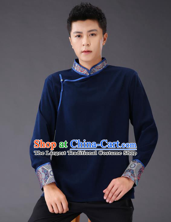 Chinese Traditional Mongol Minority Costume Ethnic Men Shirt Garment Mongolian Navy Jacket