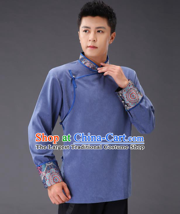 Chinese Traditional Mongol Minority Costume Ethnic Men Shirt Garment Mongolian Blue Jacket