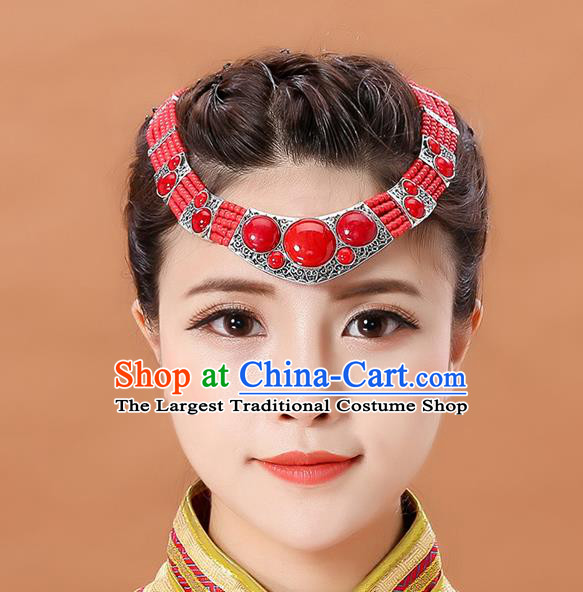 Traditional Chinese Mongol Minority Dance Red Headband Mongolian Hair Accessories Ethnic Hair Clasp for Women