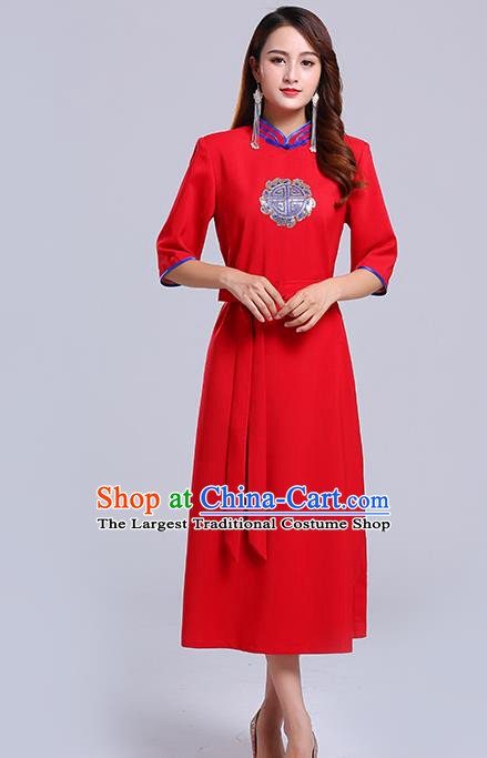 Traditional Chinese Ethnic Women Red Informal Dress Mongol Minority Garment Mongolian Nationality Apparels Costume