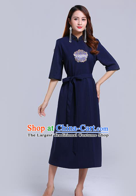 Traditional Chinese Ethnic Women Navy Informal Dress Mongol Minority Garment Mongolian Nationality Apparels Costume