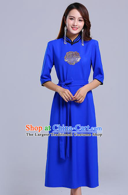 Traditional Chinese Ethnic Women Deep Blue Informal Dress Mongol Minority Garment Mongolian Nationality Apparels Costume