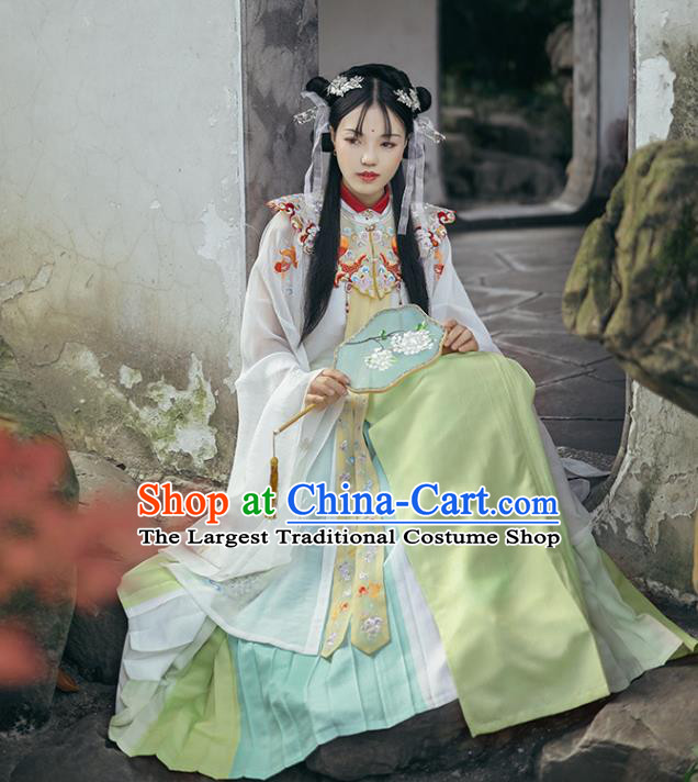 Chinese Traditional Ancient Ming Dynasty Noble Lady Garment Hanfu Costumes Embroidered Cloud Shoulder Blouse and Skirt Full Set