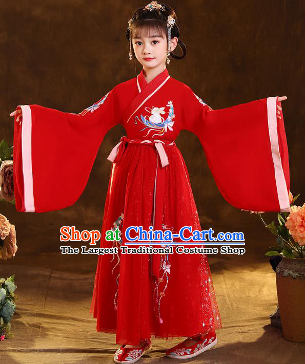 Chinese Traditional Hanfu Red Blouse and Skirt Ancient Jin Dynasty Girl Costumes Apparels for Kids