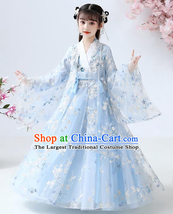 Chinese Traditional Royal Princess Blue Hanfu Dress Ancient Han Dynasty Girl Costumes Cloak Blouse and Skirt Apparels for Kids