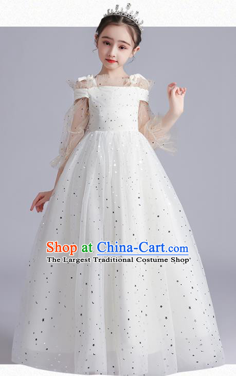 Top Grade Girls Stage Show White Dress Children Birthday Costume Baby Compere Full Dress