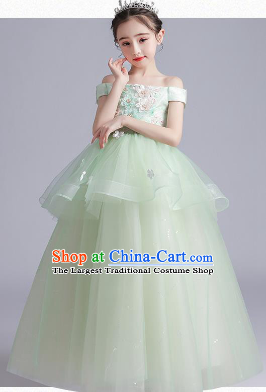 Top Grade Girls Stage Show Green Dress Children Birthday Costume Baby Compere Off Shoulder Full Dress