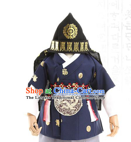 Asian Korea Traditional Embroidered Navy Shirt and Pants Children Birthday Fashion Korean Apparels Boys Hanbok Costumes for Kids