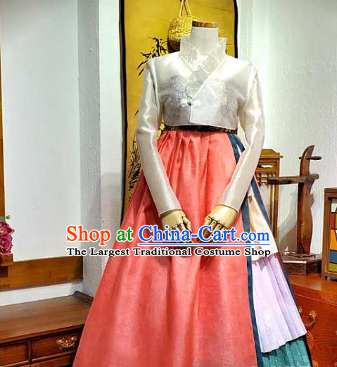 Korean Traditional Wedding White Brocade Blouse and Pink Dress Korea Fashion Bride Costumes Hanbok Apparels for Women