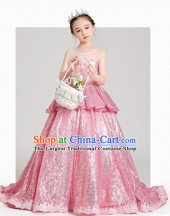 Top Grade Stage Show Baby Princess Pink Paillette Dress Children Girls Birthday Costume Compere Trailing Full Dress