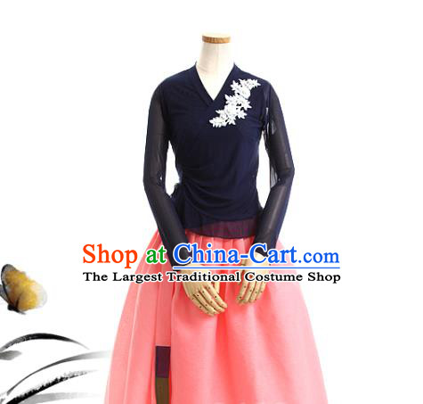 Korean Traditional Navy Veil Blouse and Pink Skirt Korea Fashion National Dance Costumes Hanbok Apparels