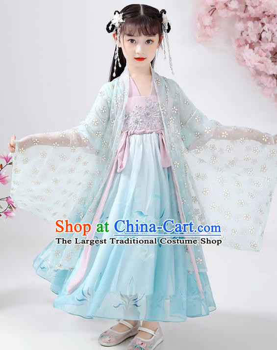 Chinese Traditional Song Dynasty Hanfu Dress Ancient Girl Costumes Stage Show Apparels Blue Cloak Blouse and Skirt for Kids