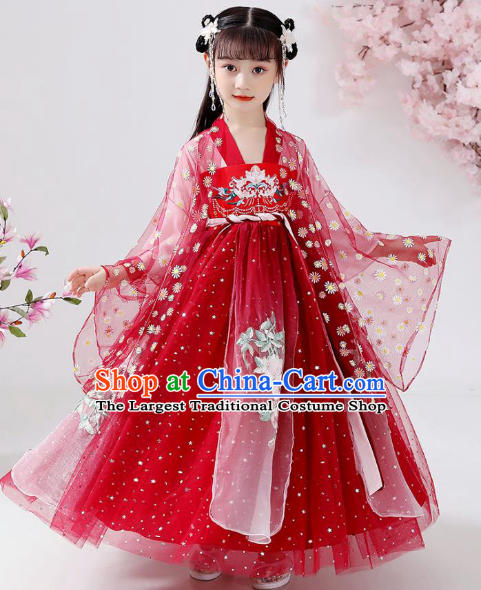 Chinese Traditional Tang Dynasty Hanfu Dress Ancient Girl Costumes Stage Show Apparels Red Cape Blouse and Slip Dress for Kids