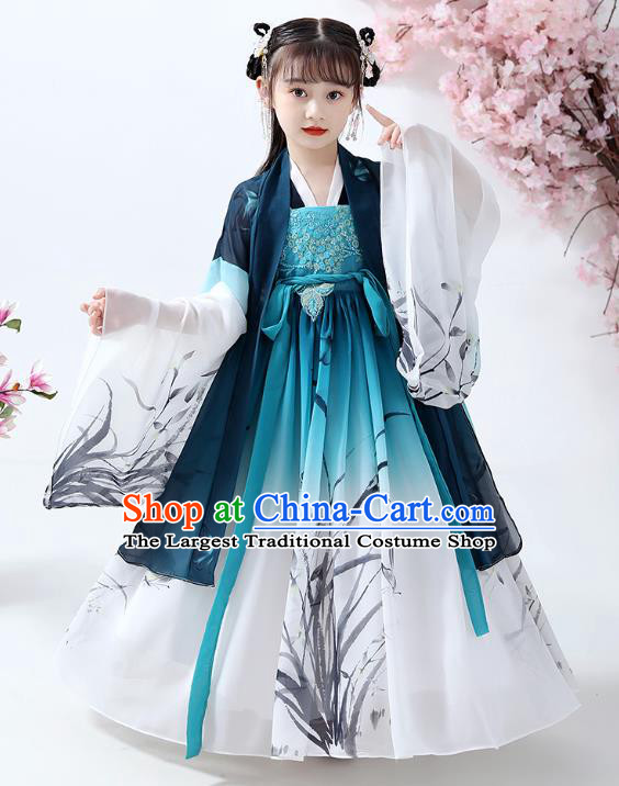 Chinese Traditional Song Dynasty Hanfu Dress Ancient Girl Costumes Stage Show Apparels Navy Cape Blouse and Ink Painting Orchid Dress for Kids