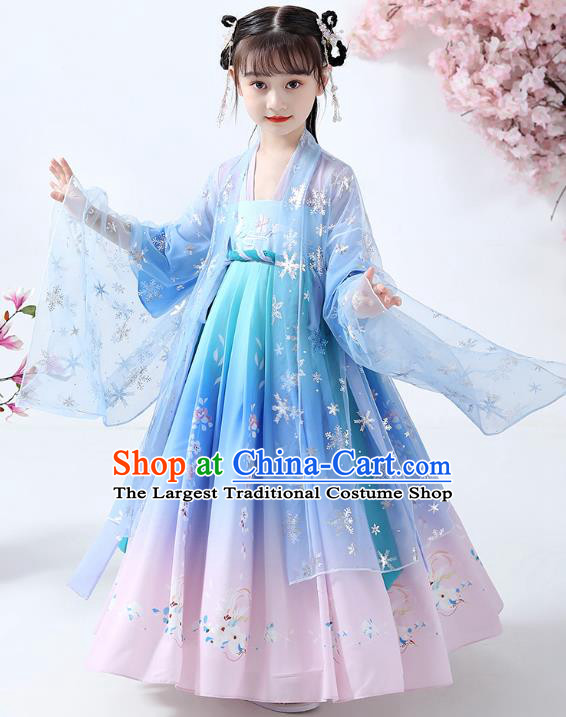 Chinese Traditional Song Dynasty Girl Hanfu Dress Ancient Children Costumes Stage Show Apparels Blue Cape Blouse and Skirt for Kids