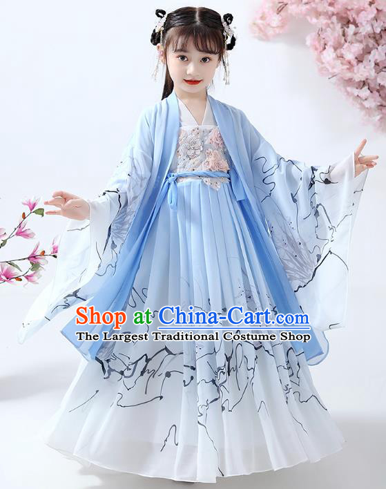 Chinese Traditional Song Dynasty Girl Hanfu Dress Ancient Children Costumes Stage Show Apparels Blue Chiffon Cape Blouse and Skirt for Kids