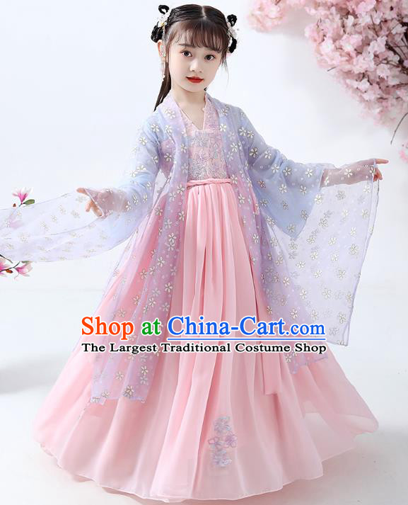 Chinese Traditional Ming Dynasty Girl Hanfu Dress Ancient Princess Costumes Stage Show Apparels Blue Cape Blouse and Pink Skirt for Kids