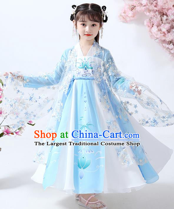 Chinese Traditional Tang Dynasty Girl Blue Hanfu Dress Ancient Princess Costumes Stage Show Apparels Flowers Cape Blouse and Skirt for Kids