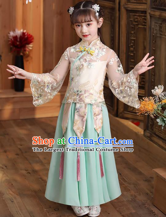 Chinese Traditional Tang Suit Qipao Blouse and Light Green Skirt Apparels Ancient Girl Costumes Stage Show Cheongsam Dress for Kids