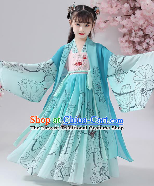 Chinese Traditional Song Dynasty Hanfu Dress Apparels Ancient Princess Costumes Stage Show Girl Blue Cape Blouse and Skirt for Kids