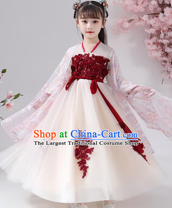 Chinese Traditional Chiffon Hanfu Dress Apparels Ancient Princess Costumes Stage Show Girl Pink Cape Blouse and Beige Skirt for Kids