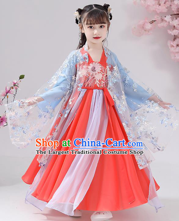 Chinese Traditional Hanfu Dress Apparels Ancient Princess Costumes Stage Show Girl Blue Cape Blouse and Watermelon Red Skirt for Kids