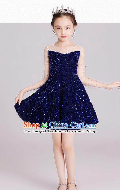 Top Grade Stage Show Royalblue Short Dress Children Girls Birthday Costume Compere Full Dress