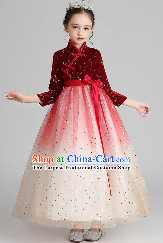 Chinese Traditional Tang Suit Red Velvet Qipao Dress Apparels Ancient Girl Costumes Stage Show Veil Cheongsam for Kids