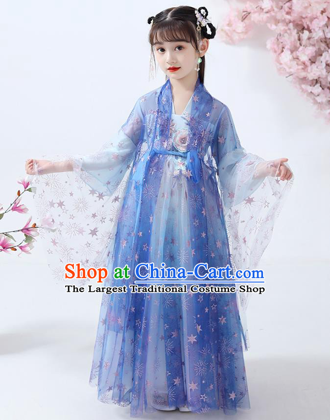 Chinese Traditional Flowers Fairy Hanfu Dress Ancient Princess Costumes Stage Show Apparels Girl Blue Cape Blouse and Skirt for Kids