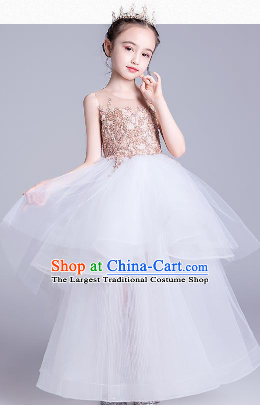 Top Grade Stage Show Princess White Dress Girls Birthday Costume Children Compere Veil Full Dress